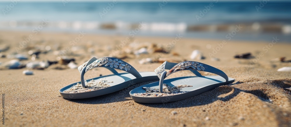 Poster close up of a stylish flip flop on a sandy beach representing the essence of summer with a copy spac