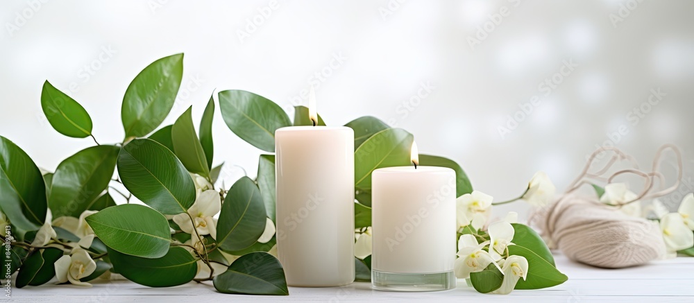 Poster candles placed in a vase with green leaves creating a beautiful decoration on a white table with cop