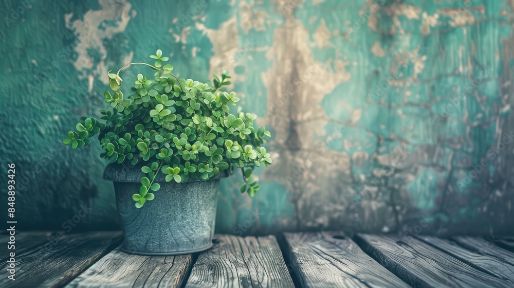 Sticker green plant with vintage filter on old wood floor