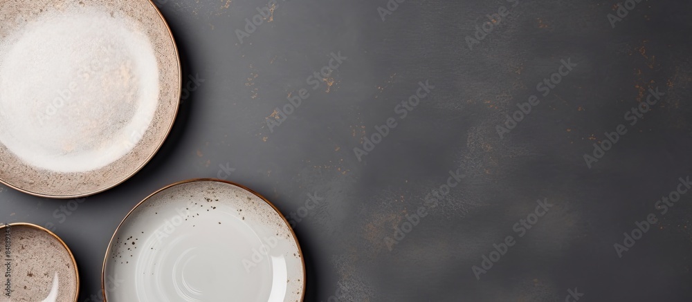 Poster mock up of ceramic dinnerware seen from above on a stone backdrop with space for text or design alon