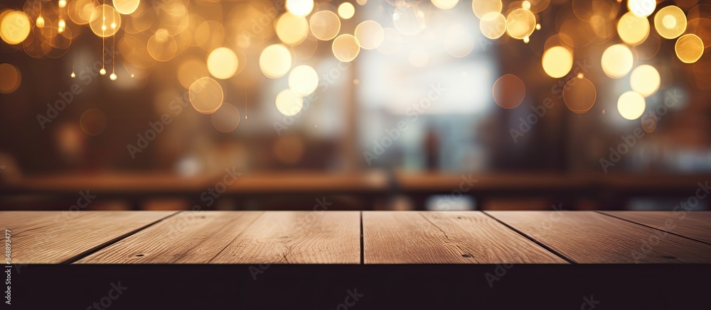 Poster blurry restaurant background with bokeh lights on an empty wooden table surface perfect for a copy s