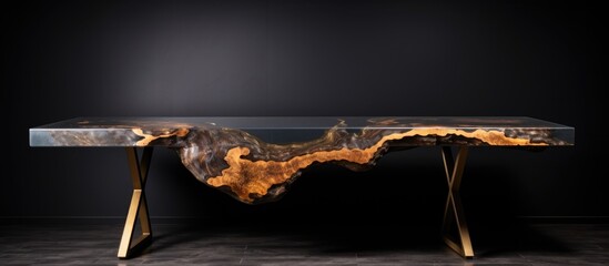 Luxurious vintage furniture with an epoxy resin coated and varnished wooden table on a dark background featuring a gold epoxy river in a rectangular tree slab ideal for a copy space image