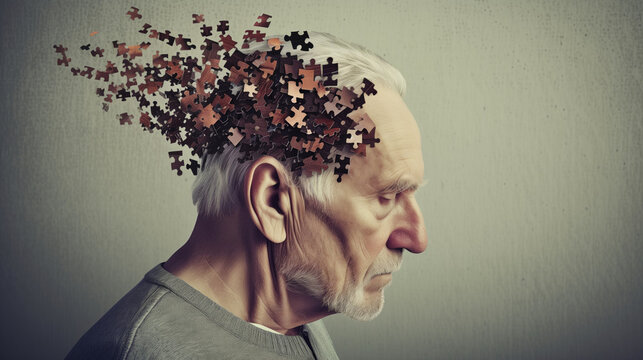 Elderly Man with Disintegrating Puzzle Pieces Symbolizing Memory Loss and Dementia.