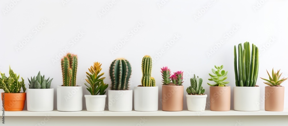 Poster assorted cacti and succulents in pots displayed on a white shelf against a white wall with a promine