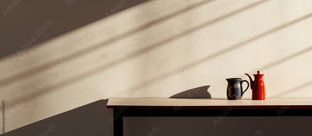 Poster simplistic indoor setting with a table casting a shadow on the wall featuring a bottle of hot coffee