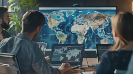 A team of professionals reviews global maps on laptops and a large screen, collaborating in a modern conference room for international planning.