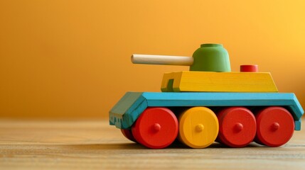 Fototapeta premium A colorful wooden tank toy sits on a wooden tabletop in front of a golden wall