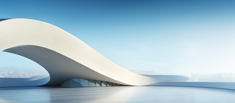 Cement curved architecture details on a modern and futuristic building against an abstract space background with copy space image