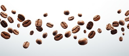 Obraz premium Coffee beans appear suspended in mid air in a space like setting White background provides ample space for design