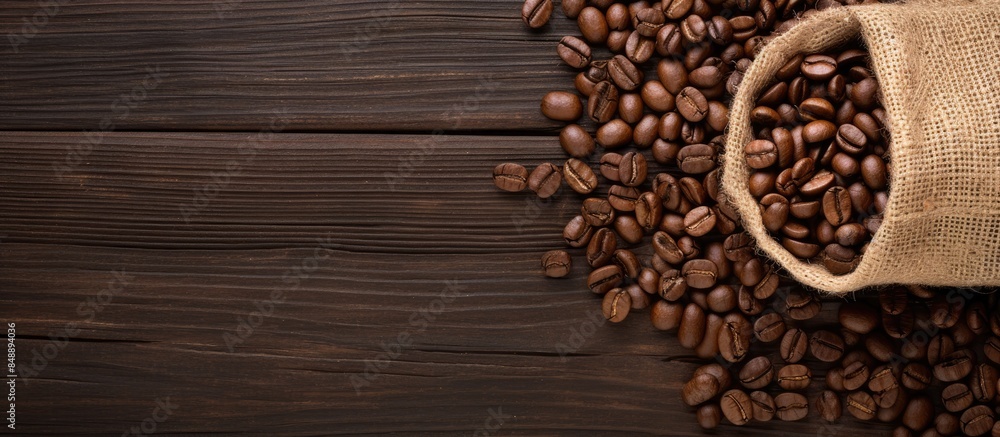 Poster top view flat lay of roasted coffee beans in a burlap bag perfect for adding text or graphics with c