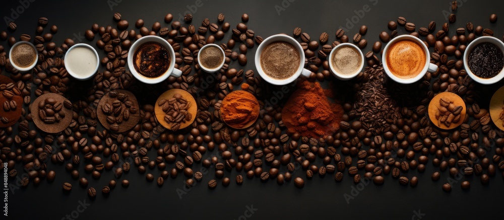 Poster bird s eye perspective showcasing different varieties of coffee blends with a spacious background fo