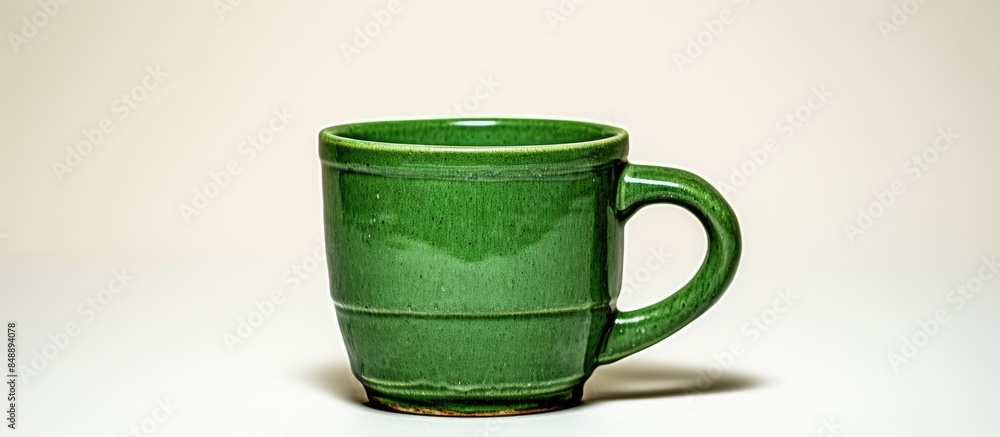 Poster handcrafted green pottery cup on a blank white backdrop with space for other elements in the image. 