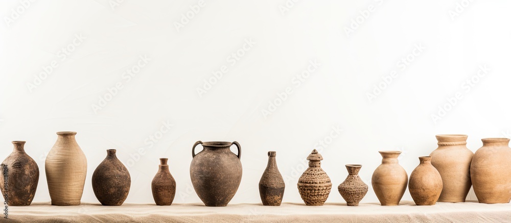 Poster ancient clay jugs and pottery displayed against a plain white backdrop ideal for a copy space image