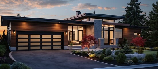 Contemporary house plan with a low slope roof brown siding and glass garage door in a new construction home exterior at sunset with Northwest USA backdrop in the copy space image
