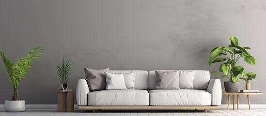 Bright and spacious room with a comfortable sofa stylish accessories and plants against a gray wall creating an inviting atmosphere with copy space image