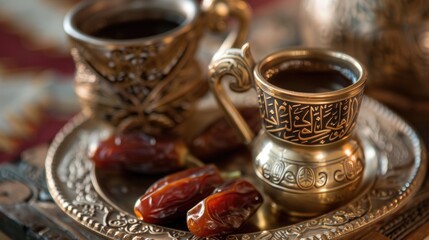 Fototapeta premium Close up of Arabic coffee cup and dates