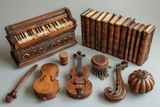 A beautifully crafted wooden musical instrument collection including a detail-rich harmonium, violin, and more