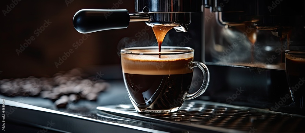 Poster professional coffee machine extracting coffee with bottomless filter showcasing copy space image