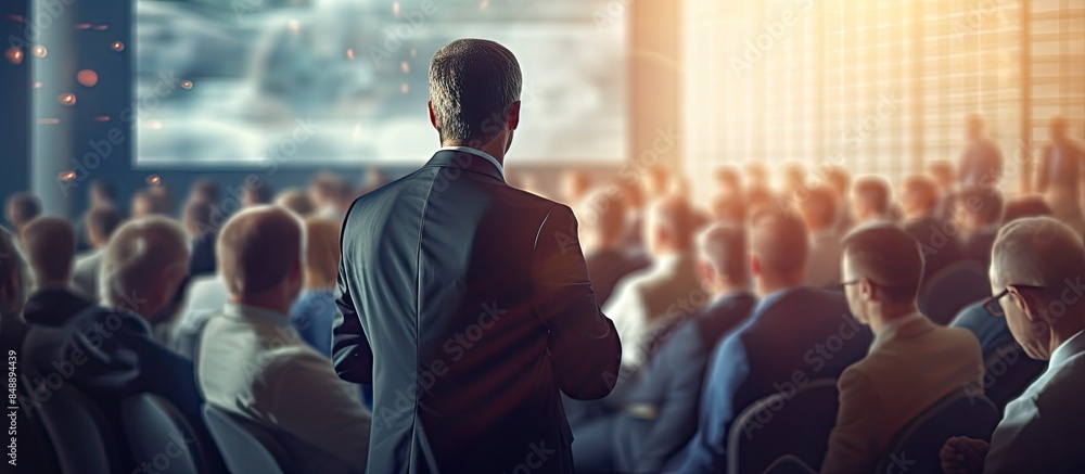 Poster a speaker presents at a business event in a conference hall with an audience present embodying the c