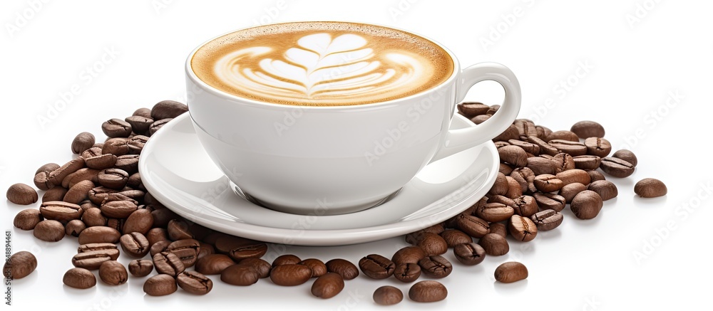 Poster an image featuring a cup of latte coffee with coffee beans on a white background suitable for adding