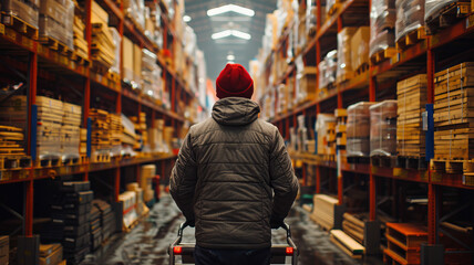 Obraz premium Happy warehouse worker navigating aisles of lumber with a handcart, showcasing efficiency and joy.generative ai