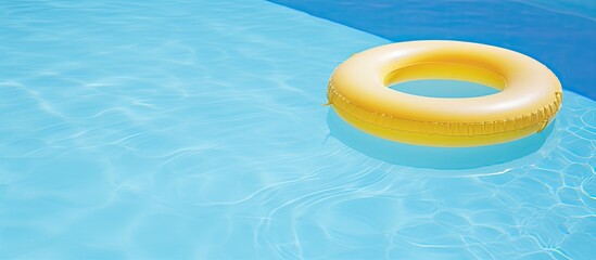 A yellow pool float ring drifting in a clear blue swimming pool with copy space image