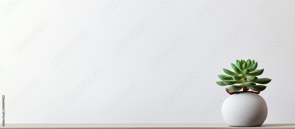 Aufkleber minimalist composition featuring green succulents and a bonsai on a wooden stand on a white desk aga