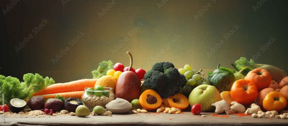 Poster nutritious diet with essential nutrients supplements. copy space image. place for adding text and de