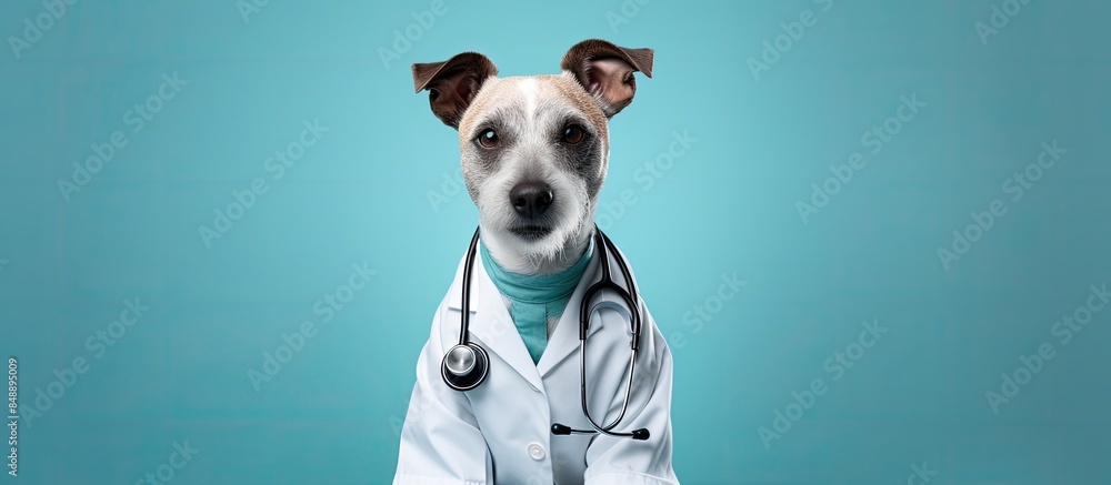 Poster a dog dressed as a doctor standing behind a sign with space for a message or image. copy space image