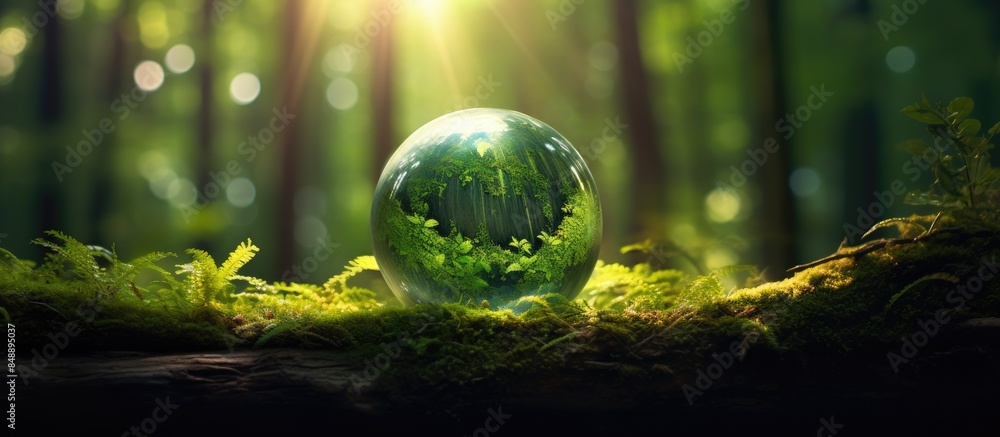 Poster a serene green globe nestled in a mossy forest enveloped in soft sunlight and with ample blank space
