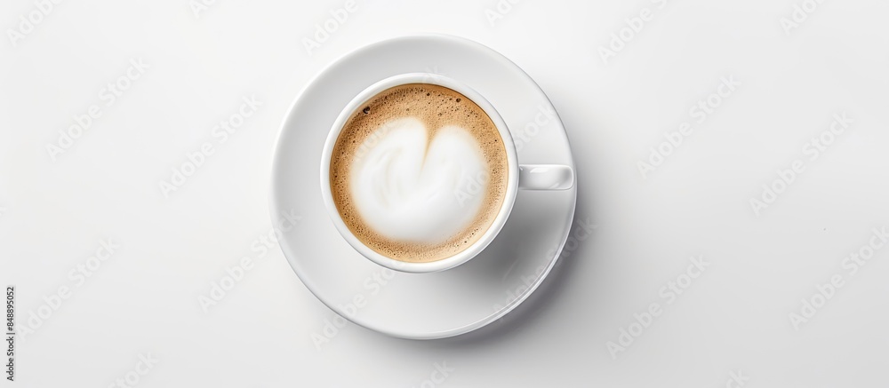 Aufkleber top down perspective of a steaming cappuccino cup on a white backdrop with open space for additional