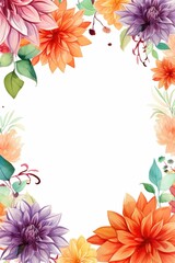 Obraz premium ahlia themed frame or border for photos . in bold and vibrant colors. watercolor illustration, white color background. Good for wedding print products, paper, invitations, greetings, fabric, posters.