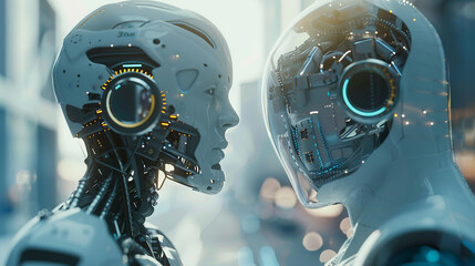 Fototapeta premium A robot with a human head showcasing AI Artificial Intelligence technology and a digital brain engin