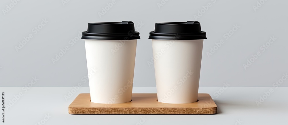 Poster white coffee cups with black lids suspended in the air displayed on a blank background for a mock up