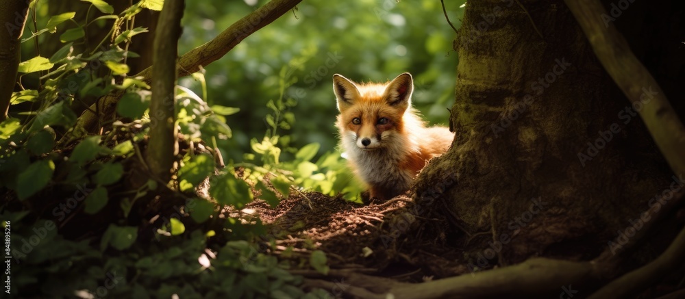 Poster a fox in its youth captured on camera in a woodland setting with plenty of space around it for addit