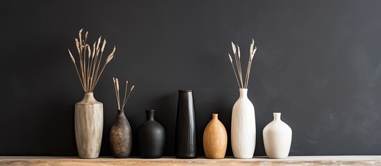 Neutral colored vases with wood sticks are displayed on a distressed wooden shelf set against a rough plaster black wall in a home decor setting with ample copy space image