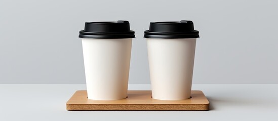 White coffee cups with black lids suspended in the air displayed on a blank background for a mock up image alongside a kraft cup holder. Copy space image. Place for adding text and design