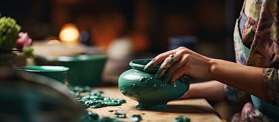 Painter in a green apron glazing a clay pot a woman coloring pottery in a workshop with a paintbrush in a close up copy space image