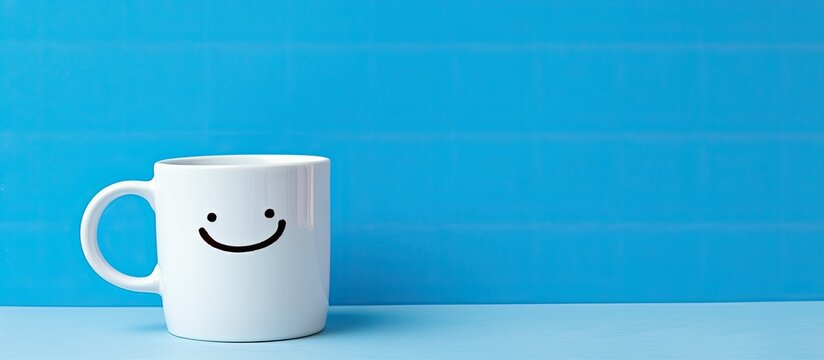 A white mug featuring a smiley face drawing against a blue backdrop with ample copy space image