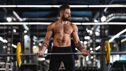 A muscular man lifts weights in a gym. He is shirtless and wearing black pants. The gym is brightly lit and has a lot of equipment.