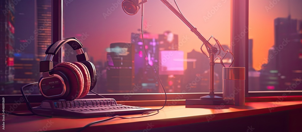 Poster at the radio station there are professional microphone and headphones creating an ambiance of entert