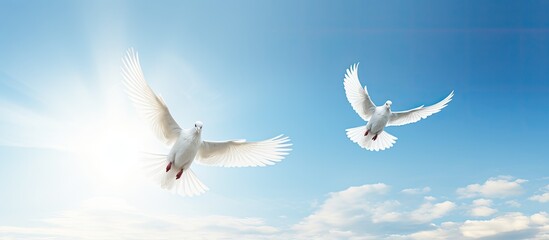 Obraz premium Clear blue sky with two doves in flight perfect for a copy space image