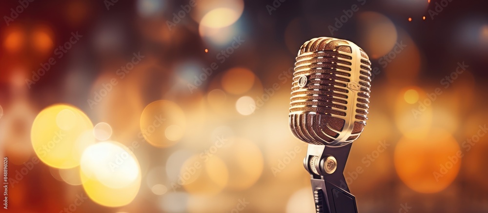Poster close up image of a stunning golden microphone on a softly blurred background with bokeh effects ide