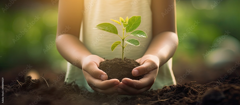 Sticker Child holding a seedling in hands with a background of vibrant spring greenery embodying the concept of ecology Ideal for a poster with copy space image