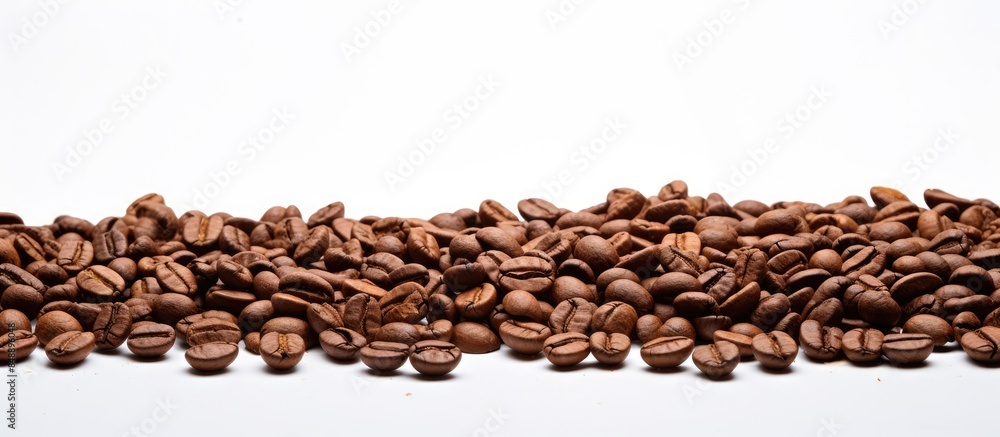 Poster ground and whole roasted coffee beans and fresh beans in a white background with space for text. cop