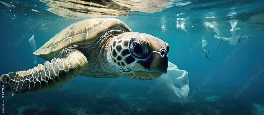 Poster sea turtles ingest plastic bottles causing harm a visual exemplification would be a copy space image