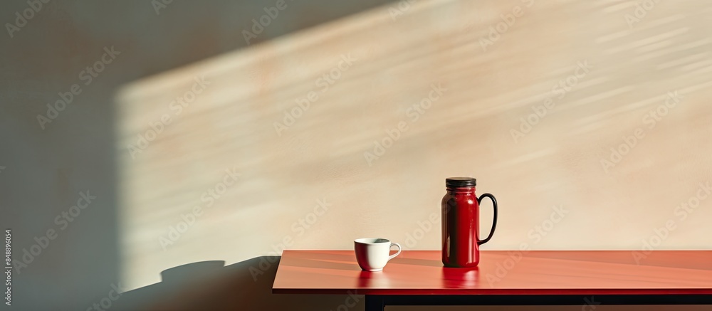 Poster simplistic indoor setting with a table casting a shadow on the wall featuring a bottle of hot coffee