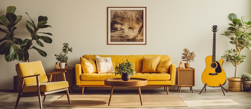 Stylish home decor featuring a vintage and cozy dining room setup with a mock up poster frame yellow sofa wooden coffee table guitar plants commode decorations and personal accessories ideal for a co