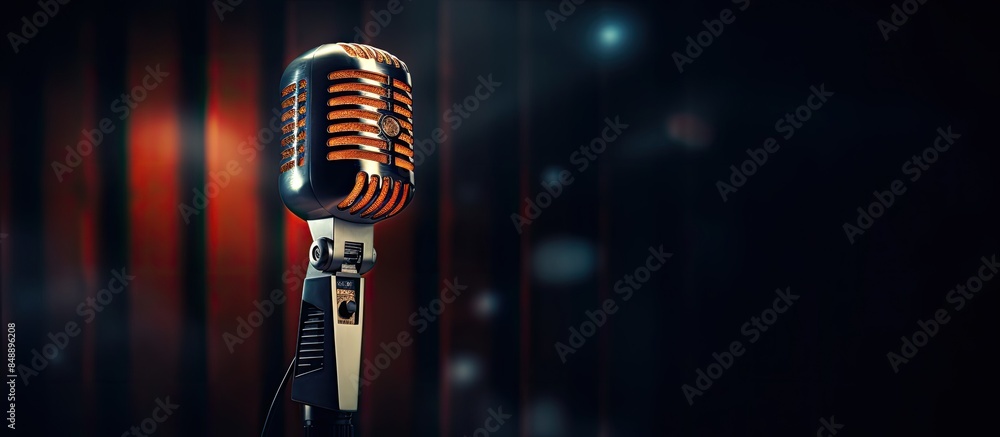 Poster lighted microphone with stylish design on a dark background with copy space image