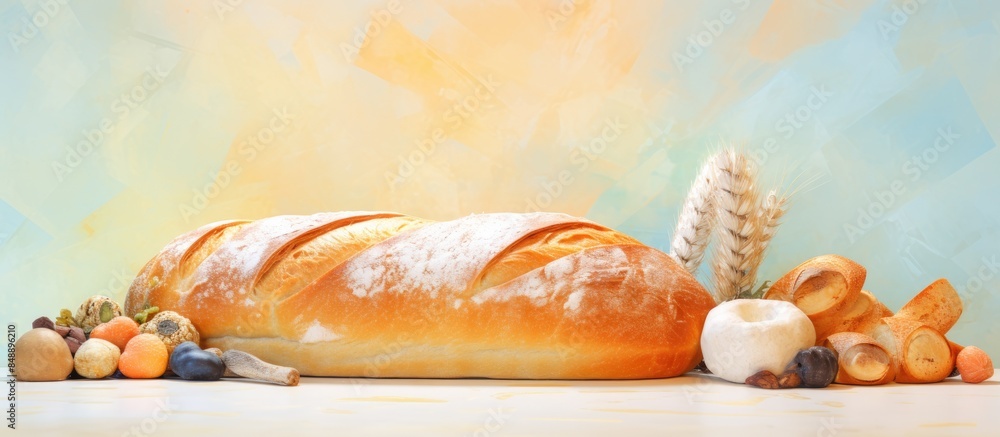Poster artistic collage featuring a banquet bread painted with a brush on a soft pastel colored background 